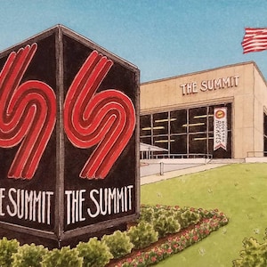 May include: An illustration of The Summit, a building with a large sign featuring red and white abstract shapes. The building has a banner that says "Houston Rockets". An American flag waves in the sky.