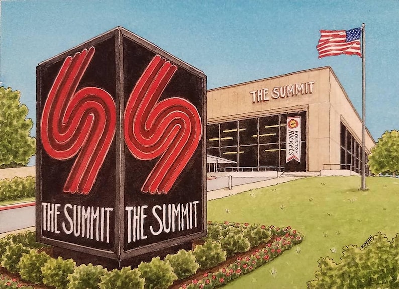 May include: An illustration of The Summit, a building with a large sign featuring red and white abstract shapes. The building has a banner that says "Houston Rockets". An American flag waves in the sky.