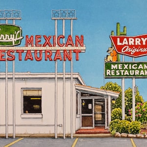 Di Larry. 8,5&quot; x 11&quot;. Richmond, Texas. Pittura ad acquerello. Stampa d&#39;arte. Tex-Mex. Larry&#39;s Original Mexican Restaurant. Jim Koehn Arte. Houston.