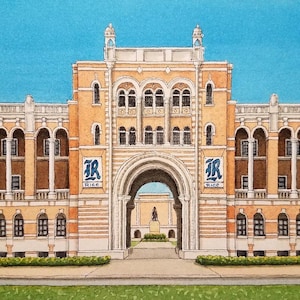 Universidad Rice. 8,5" x 11". Lovett Hall. Houston Texas. Pintura de acuarela. Impresión de arte. Búhos de arroz. Arte de Jim Koehn. Calles de Houston.