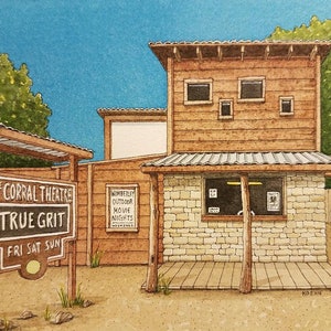 Corral Theatre. Wimberley Texas. Watercolor Painting. Print. Texas Hill Country. Movie Theater. Backroads of Texas. Jim Koehn Art. Theaters