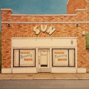 Sun Studio. 8,5 po x 11 ». Memphis, Tennessee. Peinture à l’aquarelle. Impression d’art. Elvis. Johnny Cash. Sun Records. Rock and roll. Jim Koehn Art.