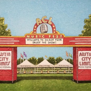 ACL Music Fest. 8.5&quot; x 11&quot;. Austin Texas. Watercolor Painting. Art Print. Live Music. Austin City Limits. Jim Koehn Art. Streets of Austin.