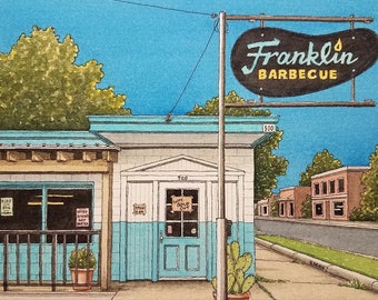 Franklin Barbecue. 5" x 7". Austin Texas. Watercolor Painting. Art Print. Austin Art. East Austin. Austin Painting. Jim Koehn Art.