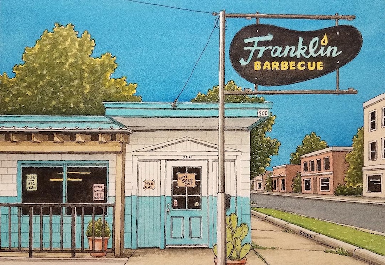 Puede incluir: Una ilustraci&oacute;n de acuarela de un edificio azul y blanco con un letrero que dice "Franklin Barbecue". El edificio tiene un toldo azul y una puerta con un letrero que dice "Sold Out". Hay una planta de cactus verde en una maceta frente al edificio.