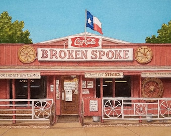 Broken Spoke. 5" x 7". Austin Texas. Watercolor Painting. Art Print. Texas Dance Halls. Honky Tonks. Texas. Beer Joints. Jim Koehn Art
