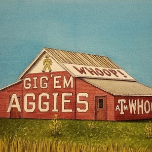 Aggie Barn. 8.5&quot; x 11&quot;. Reagan, Texas. Watercolor Painting. Print. Texas A & M. Aggies. Jim Koehn Art. Texas Backroads Painting