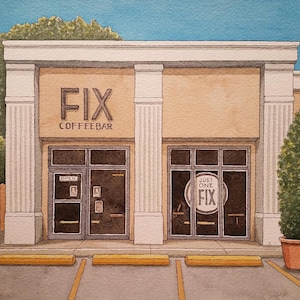 May include: A watercolor painting of a coffee shop storefront with a white facade and brown trim. The shop is called "Fix Coffee Bar" and has two large windows. The window on the right has a sign that says "Just One Fix".