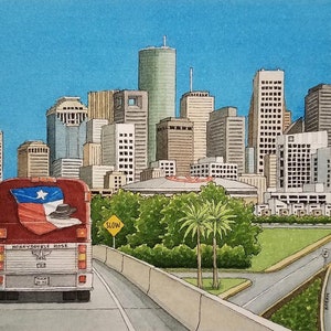 Downtown Houston. 5" x 7". Honeysuckle Rose. Willie. Watercolor Painting. Prints. Houston Texas Painting. Jim Koehn Art. Houston Art.