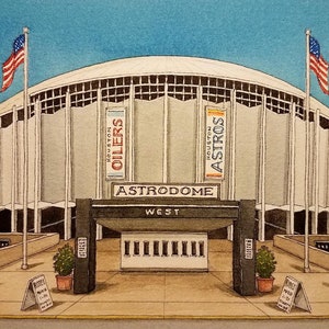 Astrodome. 8.5&quot; x 11&quot;. Houston Texas. Watercolor Painting. Print. Houston Astros. Houston Oilers Art. Jim Koehn Art. Houston Paintings.