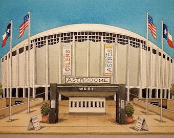 Astrodome. 8.5&quot; x 11&quot;. Houston Texas. Watercolor Painting. Print. Houston Astros. Houston Oilers Art. Jim Koehn Art. Houston Paintings.