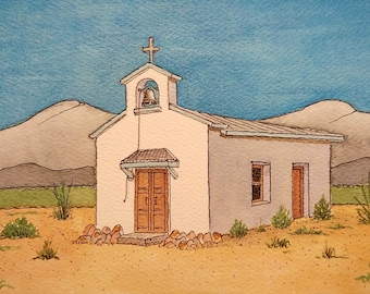 Calera Chapel. 5" x 7". Mission Mary. West Texas. Watercolor Painting. Backroads of Texas. Jim Koehn Art. Missions. Chapels. Mission Bells.