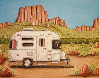 Casa Grande Airstream. 5" x 7". Big Bend National Park. RV Life. Watercolor Painting. RV. Jim Koehn Art. National Parks. Camping. Texas