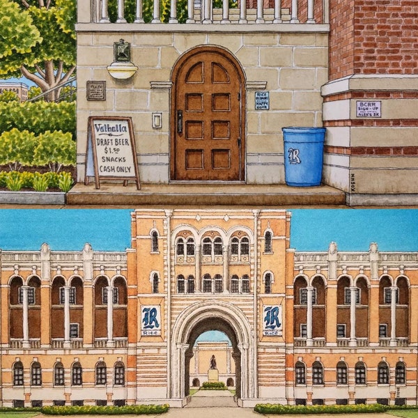 Package Deal. Two Prints. 5" x 7". Rice University and Valhalla. Watercolor Painting. Art Prints on 6" x 8" Paper. Streets of Houston.