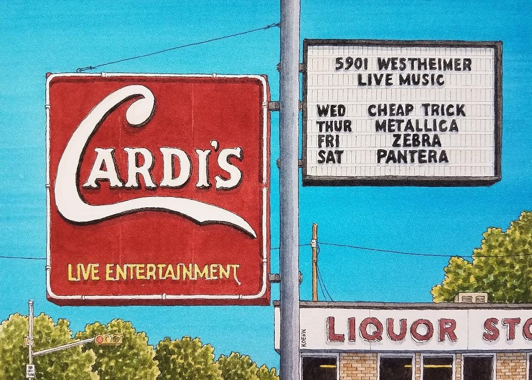 Cardi's。5 x 7 インチ。テキサス州ヒューストン。水彩画。アート