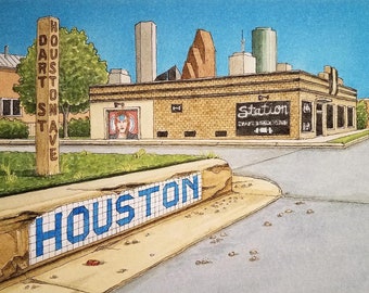 Houston Avenue. 5 "x 7". Houston Texas. Pittura ad acquerello. Stampa d'arte. Mattonelle blu. Orizzonte di Houston. Arte di Jim Koehn