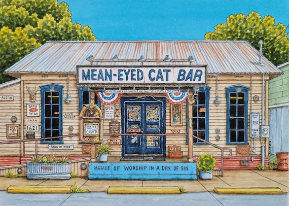 Mean-Eyed Cat. 8.5" x 11". Austin Texas. Watercolor Painting. Art Print. Austin Art. Dive Bars. Johnny Cash. Austin Painting. Jim Koehn Art.