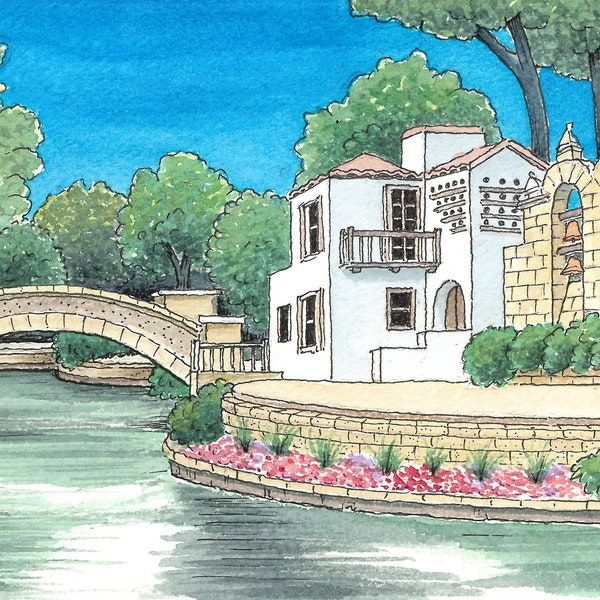 San Antonio Riverwalk. 5" x 7". Arneson Theater. San Antonio, Texas. Watercolor Painting. Art Print. Backroads of Texas. Jim Koehn Art.