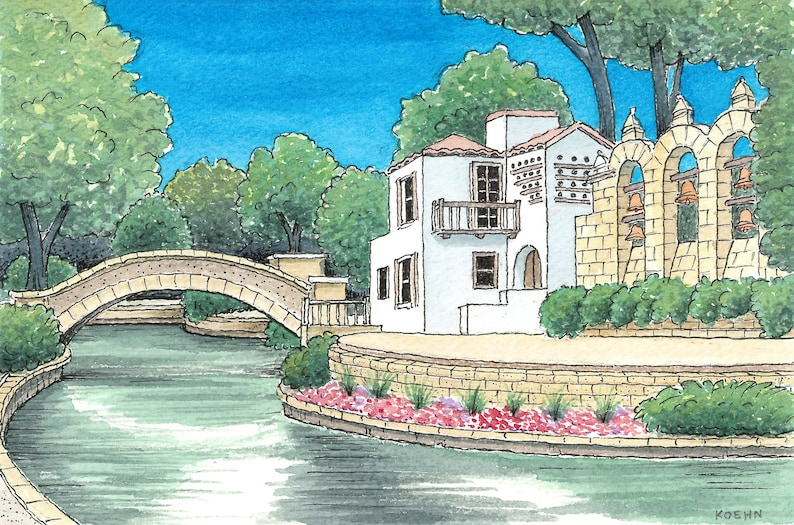 San Antonio Riverwalk. 5 x 7. Arneson Theater. San Antonio, Texas. Watercolor Painting. Art Print. Backroads of Texas. Jim Koehn Art. image 1