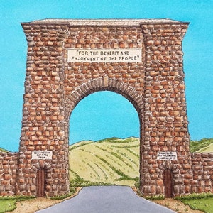 Parco nazionale di Yellowstone. 5" x 7". Pittura ad acquerello. Stampa d'arte. Jim Koehn Art. Parchi nazionali. Segnaletica del Parco Nazionale. Arco Roosevelt.