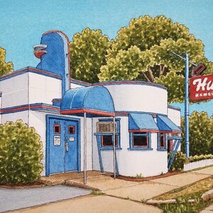 Puede incluir: Una pintura de acuarela de un restaurante retro con un exterior azul y blanco. El restaurante tiene un letrero que dice "Hut's Hamburgers".