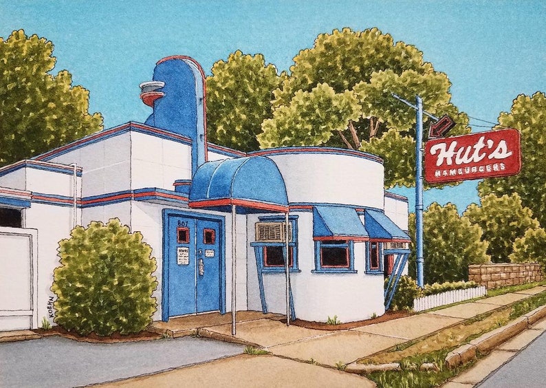 Puede incluir: Una pintura de acuarela de un restaurante retro con un exterior azul y blanco. El restaurante tiene un letrero que dice "Hut's Hamburgers".
