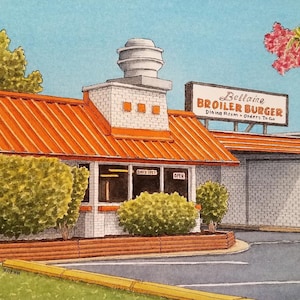 Bellaire Broiler Burger. 8,5" x 11". Bellaire Texas. Pittura ad acquerello. Stampa d'arte. Houston Acquerelli. Burger Joints. Jim Koehn Art.