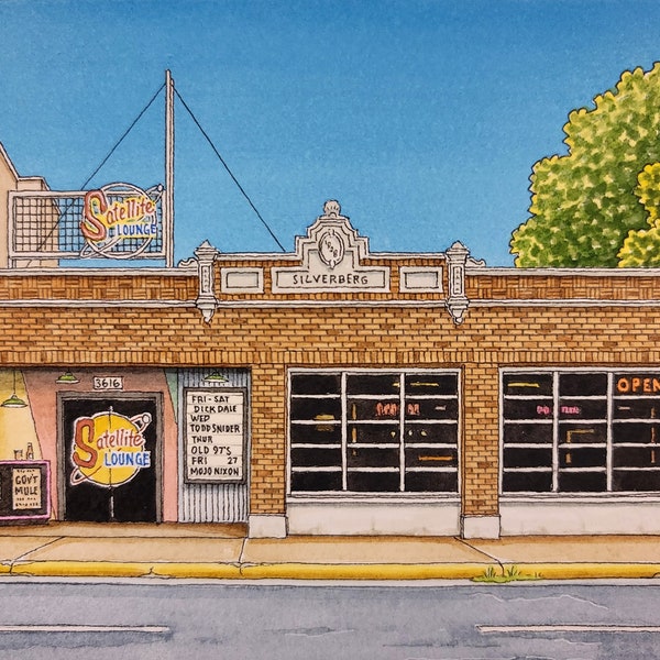 Satellite Lounge. 5" x 7". Houston Texas. Watercolor Painting. Art Print on 6" x 8" paper. Live Music. Washington Avenue. Jim Koehn Art