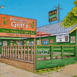 Griff's Irish Pub. 8.5" x 11". Houston Texas. Watercolor Painting. Art Print. Montrose. Sports Bar. St Patrick's Day. Pubs. Jim Koehn Art.