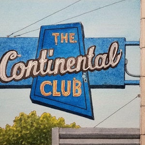 Continental Club. 8.5&quot; x 11&quot;. Houston Texas. Watercolor Painting. Art Print. Houston Watercolor Painting. Live Music Venues. Jim Koehn Art.