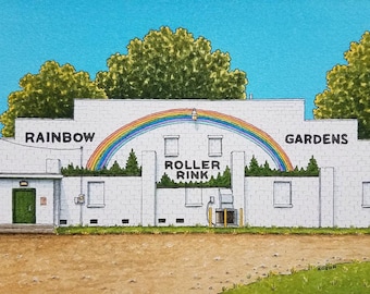 Rainbow Gardens. 5" x 7". Crystal, Michigan. Watercolor Painting. Art Print. Roller Rink. Disco Ball. Main Streets. Jim Koehn Art.