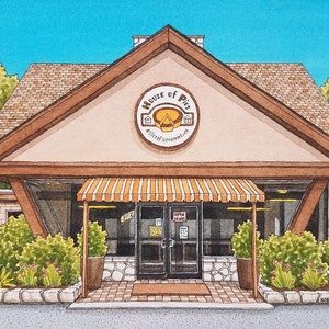 Huis van taarten. 8,5 x 11 inch. Houston Texas. Aquarel schilderij. Afdrukken. 24 Hour Diner. Straten van Houston. Jim Koehn Art. Houston Schilderijen.