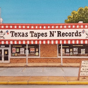 Texas Tapes N’Records. 5 » x 7 ». Houston Texas. Peinture à l’aquarelle. Impression d’art. Magasins de disques. Musique. Rues de Houston. Jim Koehn.