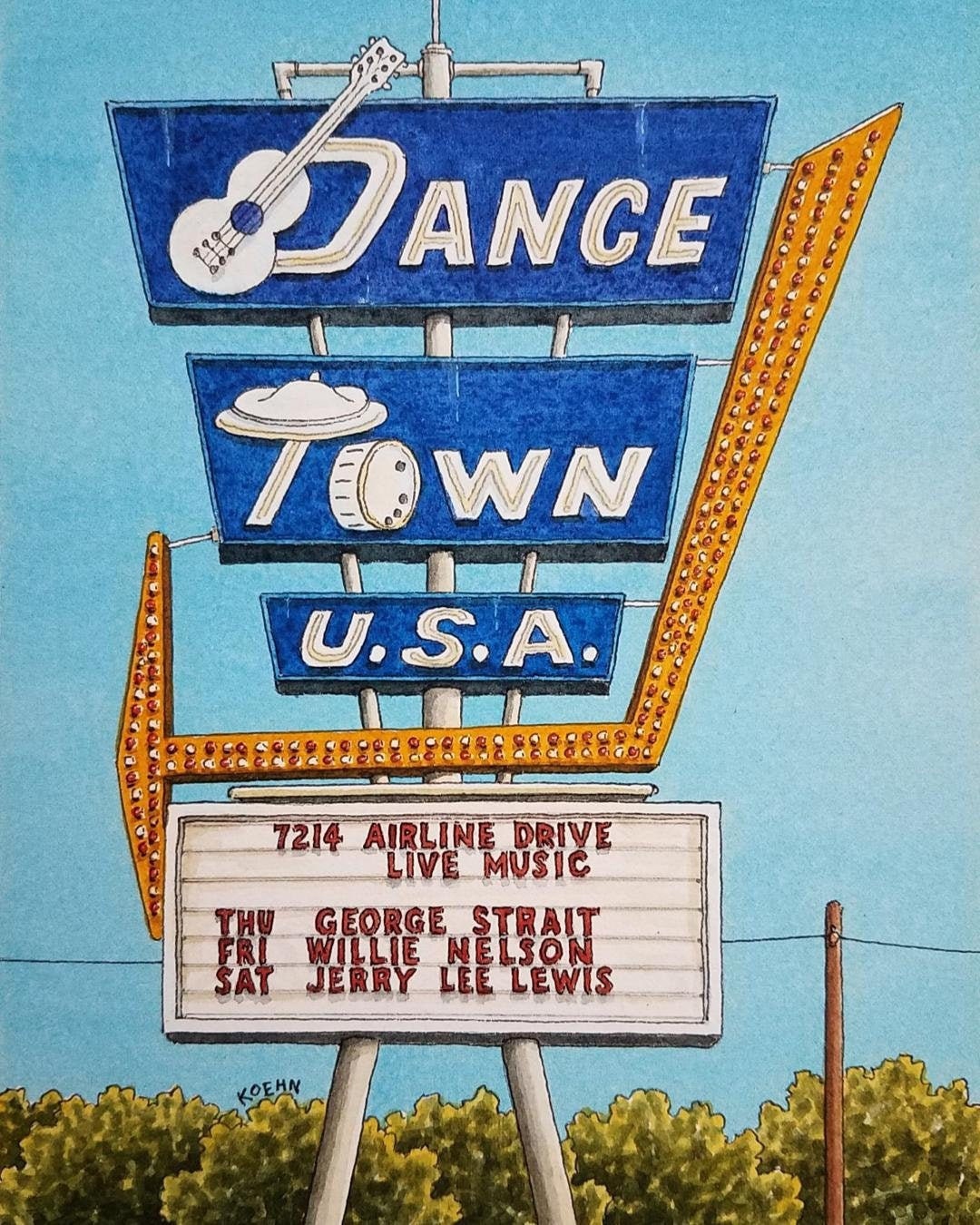 Dance Town USA. 5 x 7. Houston Texas. Watercolor Etsy