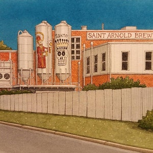 May include: A watercolor painting of a brewery building with large white tanks. The tanks have a red and gold design with a skull and crossbones and a saint figure. The building has a white sign that reads "SAINT ARNOLD BREWING COMPANY".