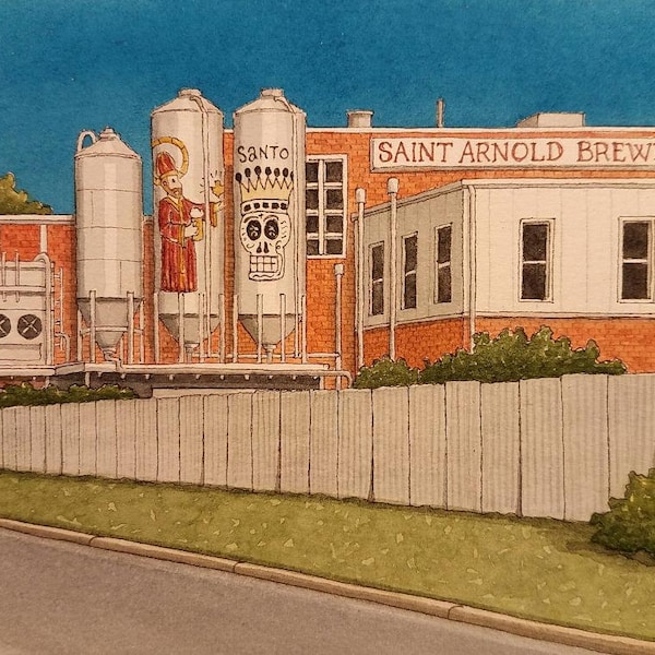 Saint Arnold Brewing. 5" x 7". Houston Texas. Watercolor Painting. Print. Craft Brewery. Craft Beer. Beer Art. Brewery. Jim Koehn Art.