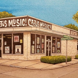 Musique Cactus. 8,5 po x 11 ». Houston Texas. Peinture à l’aquarelle. Impression d’art. Magasin de disques. Aquarelle de Houston. Jim Koehn Art. Salle de musique.