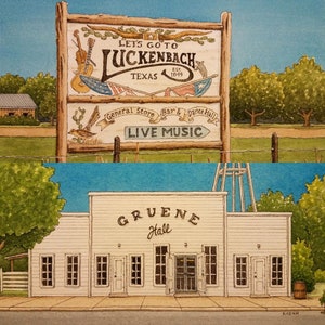 Paket-Deal. Zwei Drucke. 8,5" x 11". Hill Country. Gruene-Flur. Luckenbach Texas. Texas. Aquarell gemälde. Kunstdrucke. Jim Koehn Kunst.