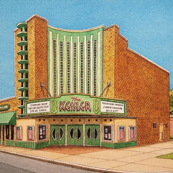 The Kessler Theater. 8.5" x 11". Dallas Texas. Watercolor Painting. Art Print. Watercolors. Live Music. Old Theaters. Jim Koehn Art.