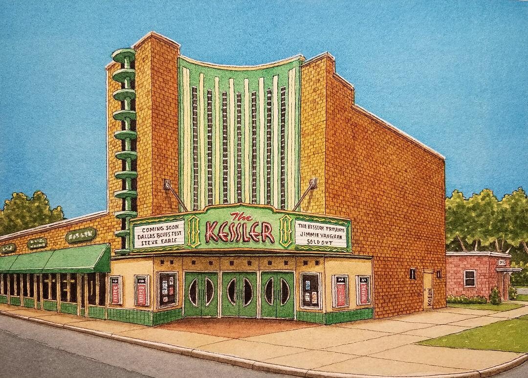 The Kessler Theater. 5" x 7". Dallas Texas. Watercolor Painting. Art Print. Watercolors. Live Music. Old Theaters. Jim Koehn Art.
