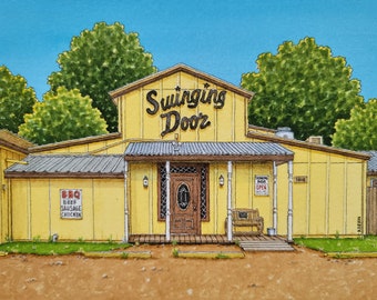 Swinging Door. 8.5" x 11". Richmond, Texas. Watercolor Painting. Art Print. BBQ Joint. Backroads and Main Streets of Texas. Jim Koehn Art.