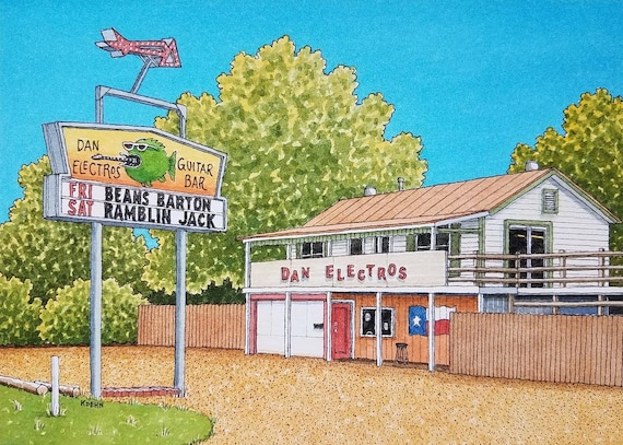 Dan Electros Guitar Bar. 5" x 7". Houston Texas. Watercolor Painting. Art Print. . Jim Koehn Art. Streets of Houston. Houston Heights.