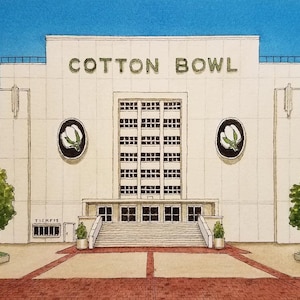 Cotton Bowl. 5" x 7". Dallas Texas. Watercolor Painting. Art Print. Cotton Bowl Stadium. Watercolors. Football Stadium. Jim Koehn Art.