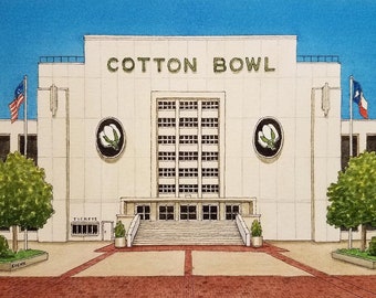May include: A watercolor painting of the Cotton Bowl stadium in Dallas, Texas. The building is white with green lettering that reads "COTTON BOWL". There are two cotton boll logos on the front of the building. The building has a large set of double doors with a set of stairs leading up to them. There are two trees on either side of the building and a red brick walkway in front of the building.