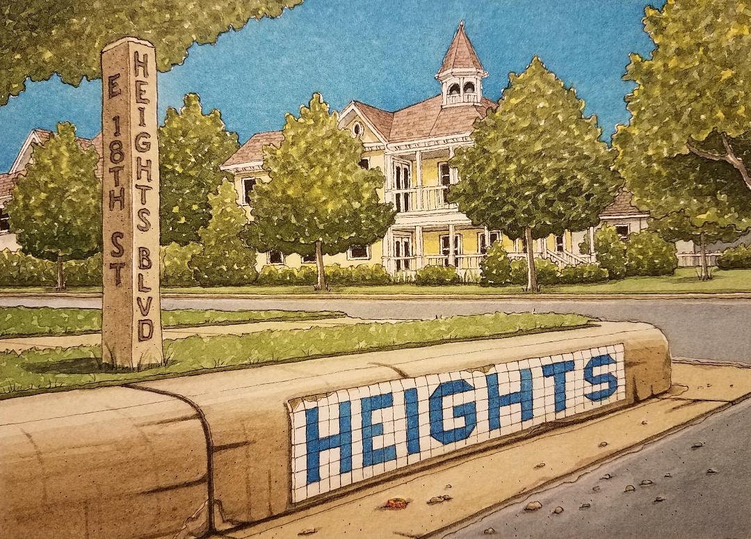 Heights Blvd. 8.5 X 11. Houston Texas. Watercolor Painting. Art Print