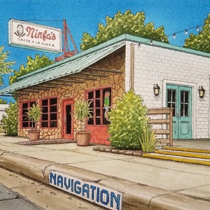 Ninfa's. 5" x 7". Houston Texas. Watercolor Painting. Art Print. Ninfa's on Navigation. East Houston. Houston Watercolors. Jim Koehn Art.