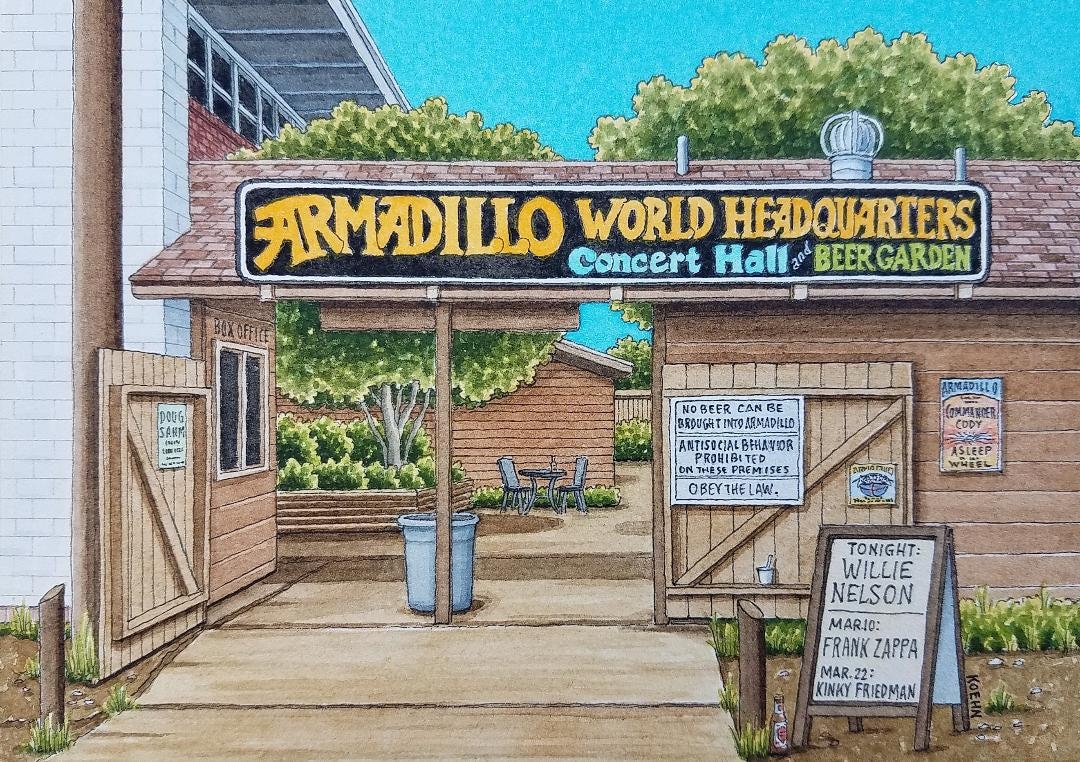Armadillo World HQ. 8.5 X 11. Austin Texas. Watercolor Painting. Art