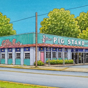 Pig Stand. 8.5" x 11". Houston Texas. Watercolor Painting. Art Print. Drive-ins and Diners. Streets of Houston. Jim Koehn Art.