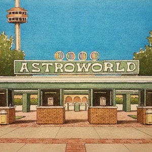 Astrowereld. 5 &quot;x 7&quot;. Houston, Texas. Waterverfschilderij. Kunstafdruk. Attractiepark. Achtbanen. Astrowereld kunst. Jim KoehnArt. Achterwegen