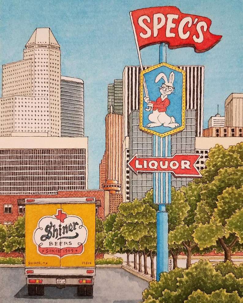 Il magazzino dei liquori di Spec. 5 x 7. Houston, Texas. Pittura ad acquerello. Stampa d'arte. Jim Koehn Art. Strade di Houston. Centro di Houston. immagine 1